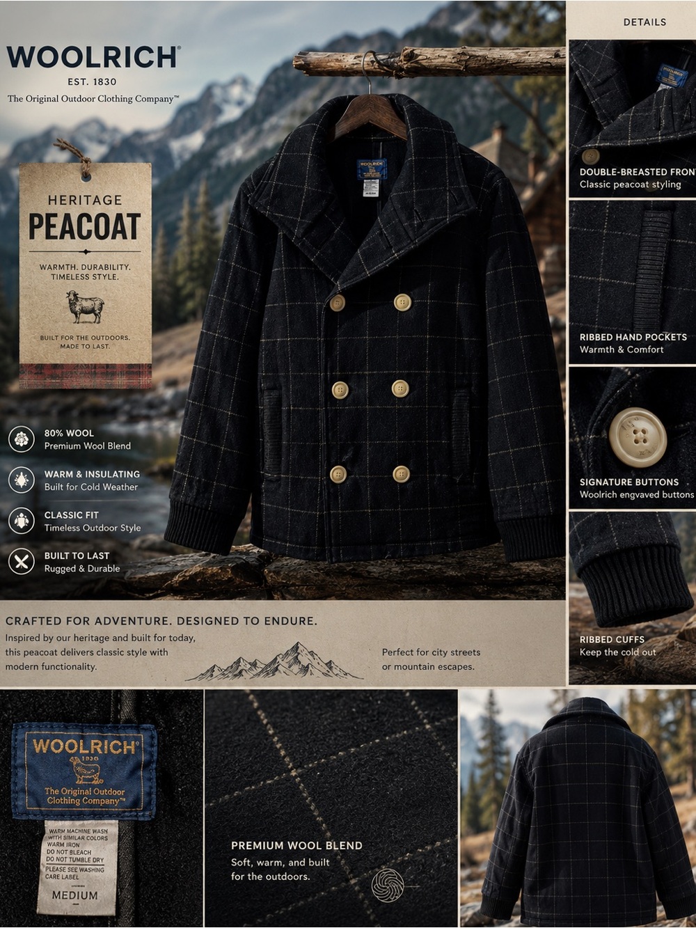Woolrich Black Windowpane Double-Breasted Peacoat
